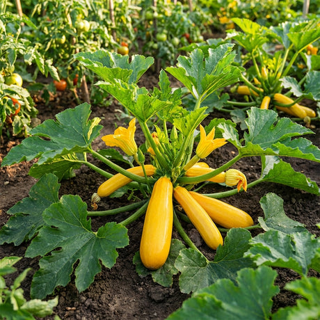 Zucchini Gold Rush F1 (Cucurbita pepo) is a high-yielding golden zucchini variety that grows on a plant with lush green leaves in rich garden soil.