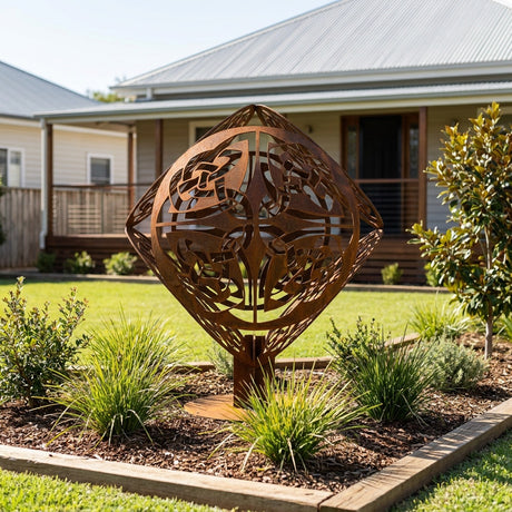 Abstract Cube 5 Celtic Rusted Steel Garden Sculpture