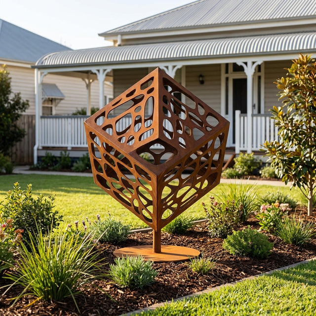 Abstract Cube 6 Rusted Steel Garden Sculpture