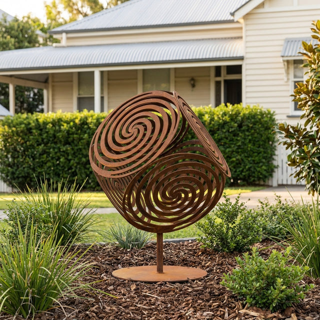 Abstract Cube Swirl 6 Rusted Steel Garden Sculpture