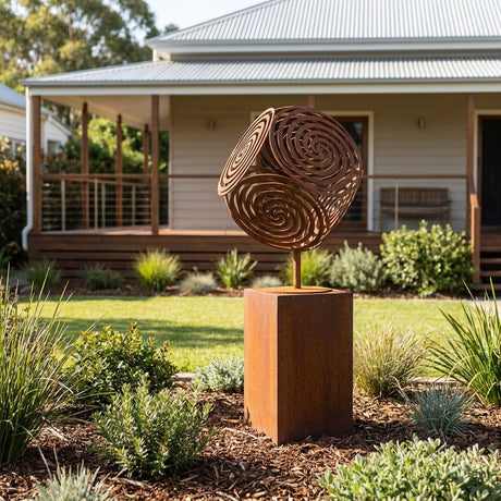 Abstract Cube Swirl Rusted Steel Sculpture, Small