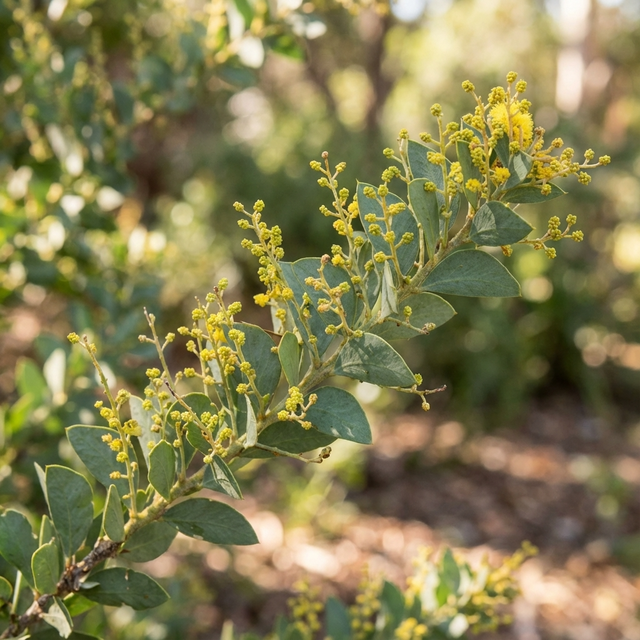 A branch of Knife Leaf Wattle (Acacia cultriformis), an Australian native shrub, features green leaves and clusters of small yellow flowers set against a blurred natural backdrop.
