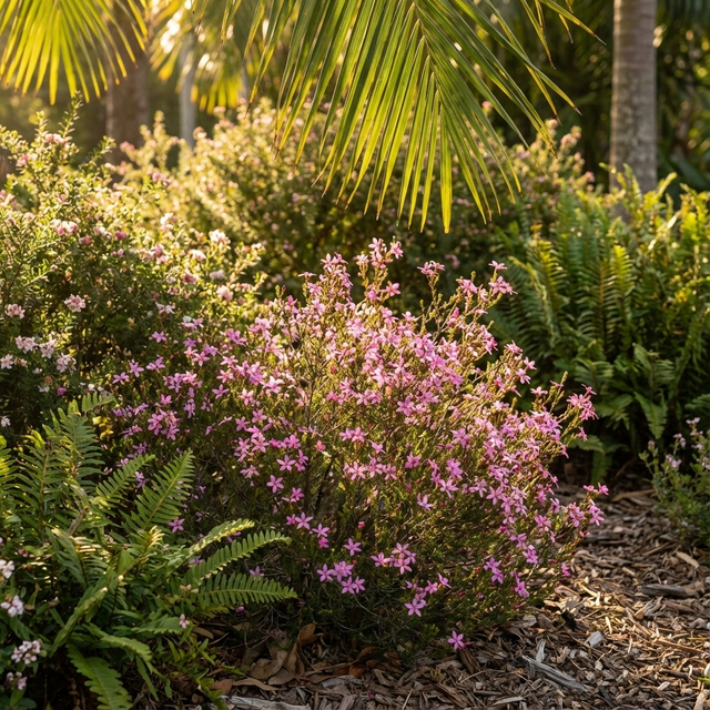 Pink star-shaped blooms and aromatic foliage of Acmadenia Starblush flourish beneath palm trees in a sunny, mulched garden.