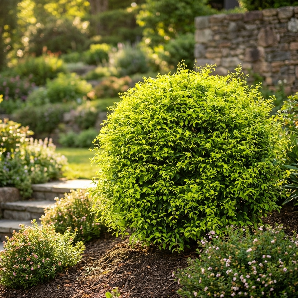 A neatly trimmed, round Acmena Sublime shrub—a psyllid-resistant Australian native hedge—adds beauty to a sunlit garden with stone steps and lush greenery.