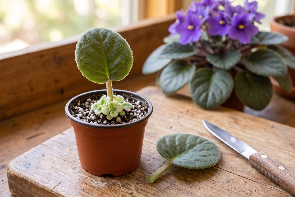 African violet leaf cutting in a small pot with tiny plantlets growing at the base of its stalk