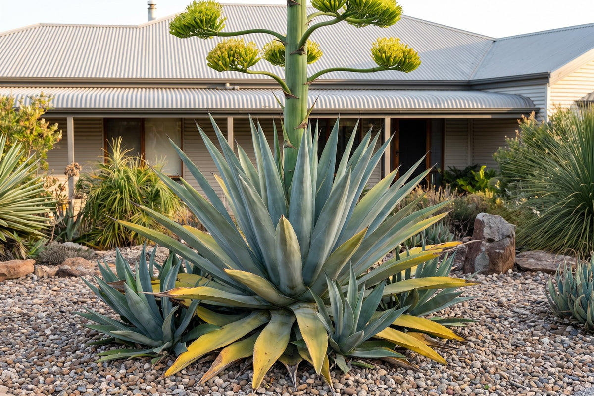 Agave americana with a tall flower spike and small pups growing around its base