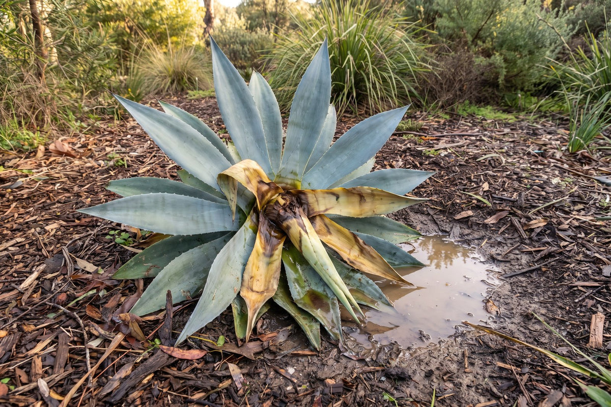 Agave with a collapsed, rotting brown centre in wet winter soil, a sign of crown rot