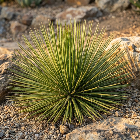 A green, spiky Twin flowered Agave (Agave geminiflora) thrives among rocks and gravel in the sun, highlighting its drought-tolerant qualities in a desert setting.