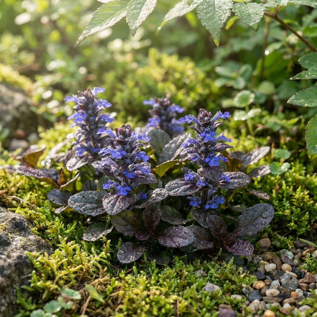 Chocolate Chip Bugleweed - Ajuga reptans 'Chocolate Chip' features purple and blue flowers, thriving among moss and rocks in sunlit gardens, and is an excellent ground cover for shade.