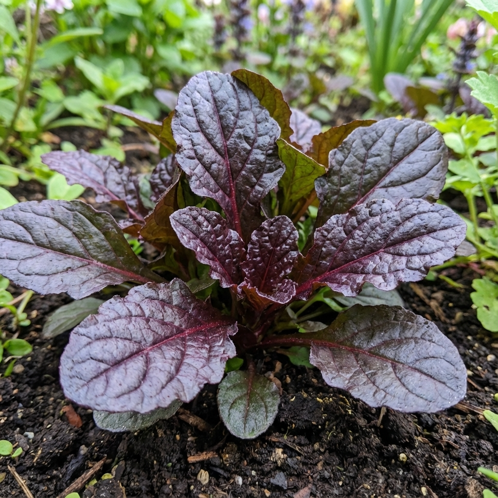 The purple leaf bugle (Ajuga reptans purpurea) thrives in shade, showcasing dark purple, veined leaves and makes a striking groundcover for gardens with lush green foliage.