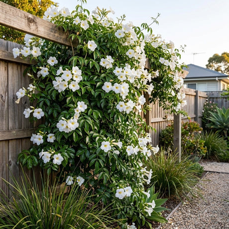 Pandorea Alba bower vine covering a timber trellis with white trumpet flowers