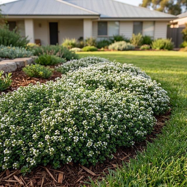 Albus Creeping Thyme (Thymus serpyllum 'Albus') growing in a mulched garden bed in front of an Australian home