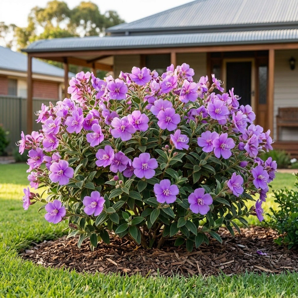 Allure Tibouchina (Tibouchina mutabilis 'Allure') growing in a mulched garden bed in front of an Australian home