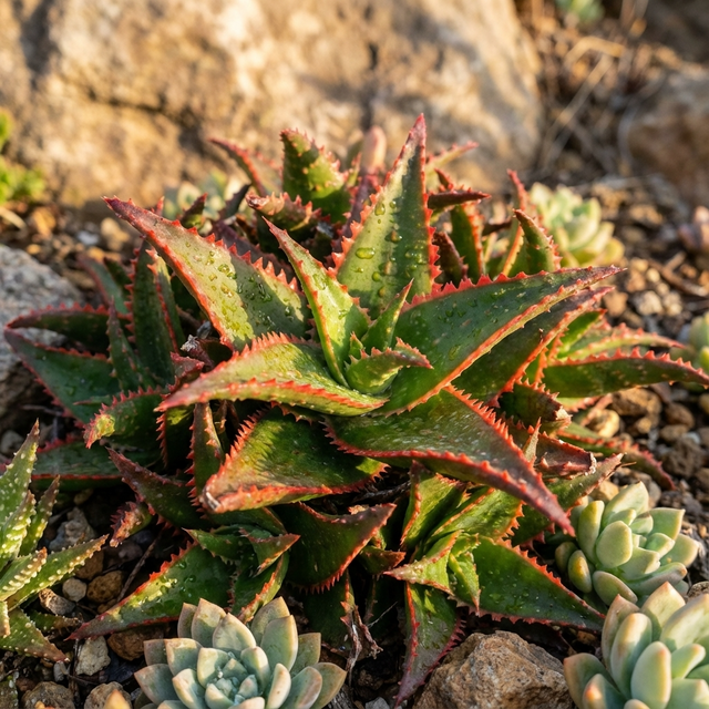 Aloe Christmas Carol is a compact succulent with spiky green leaves edged in red. Drought tolerant and vibrant, it thrives in sunny spots among rocks or other succulents, adding eye-catching color to your garden.