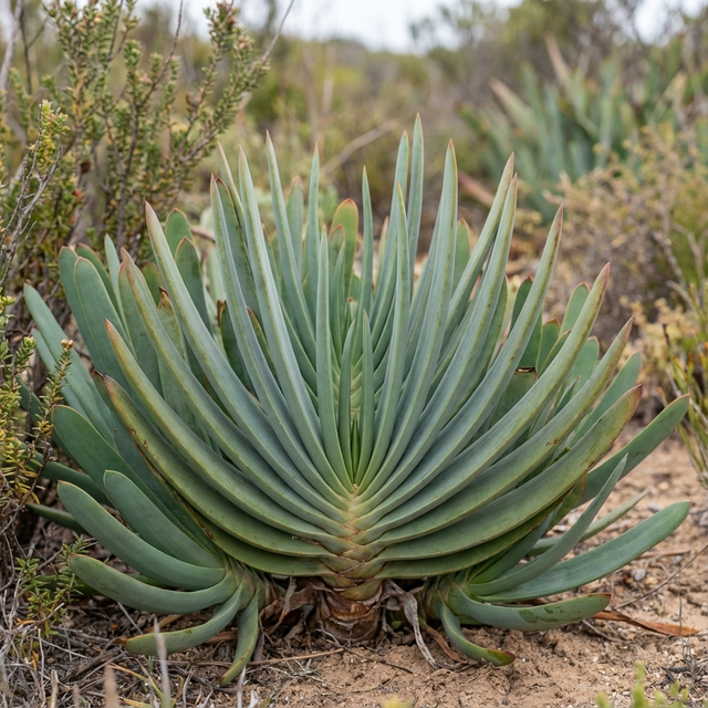 With its spiky, fan-shaped leaves, Aloe plicatilis - Kumara plicatilis thrives in sandy soil among shrubs, making a striking architectural feature plant in the landscape.