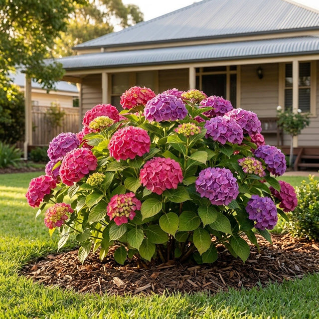 Alpengluhen Hydrangea (Hydrangea macrophylla 'Alpengluhen') growing in a mulched garden bed in front of an Australian home