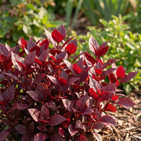 Alternanthera ‘Little Ruby’ (Alternanthera dentata cultivar) features vibrant burgundy foliage that creates a striking groundcover display when grown in garden beds amid green-leaved plants.
