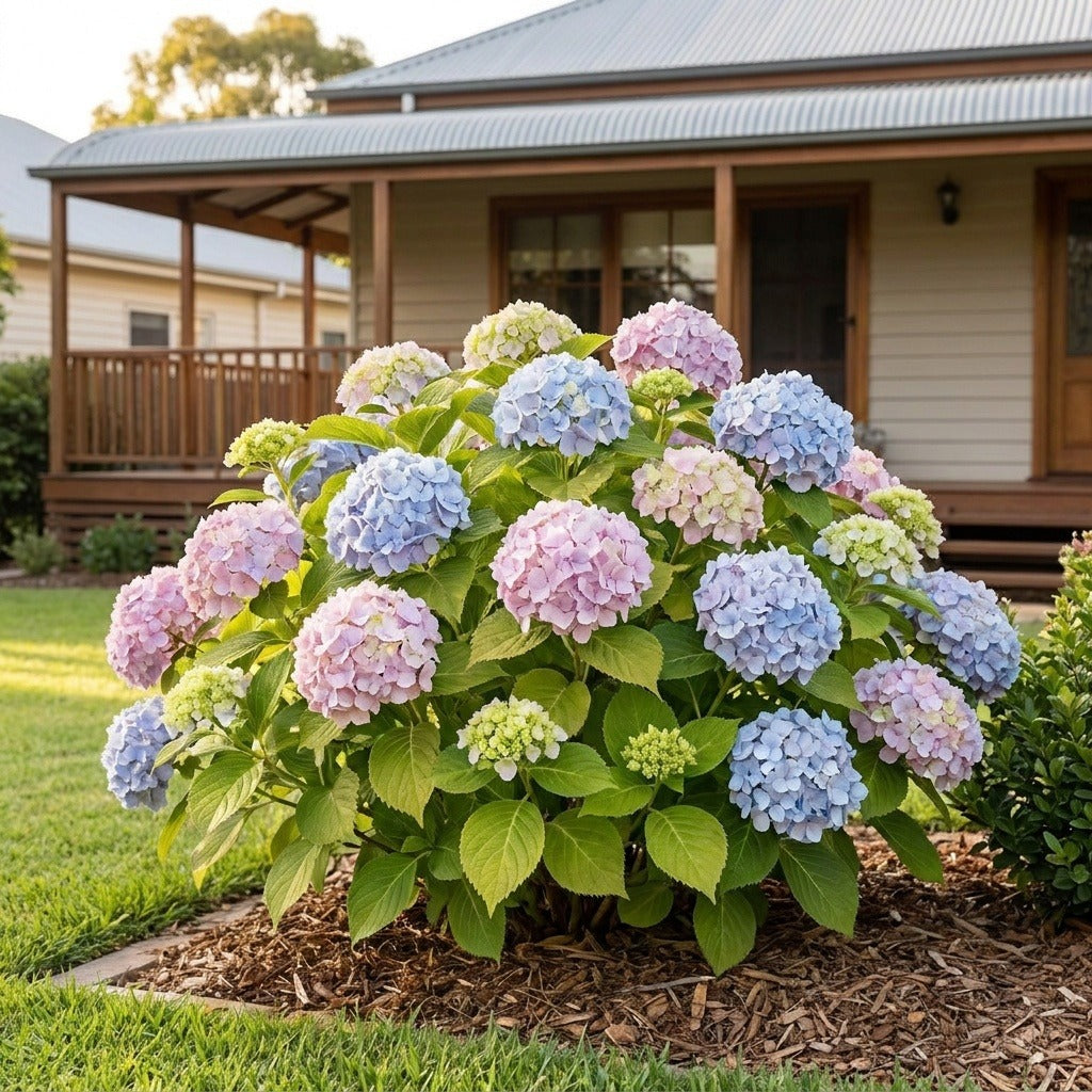 Amethyst Hydrangea (Hydrangea macrophylla 'Amethyst') growing in a mulched garden bed in front of an Australian home