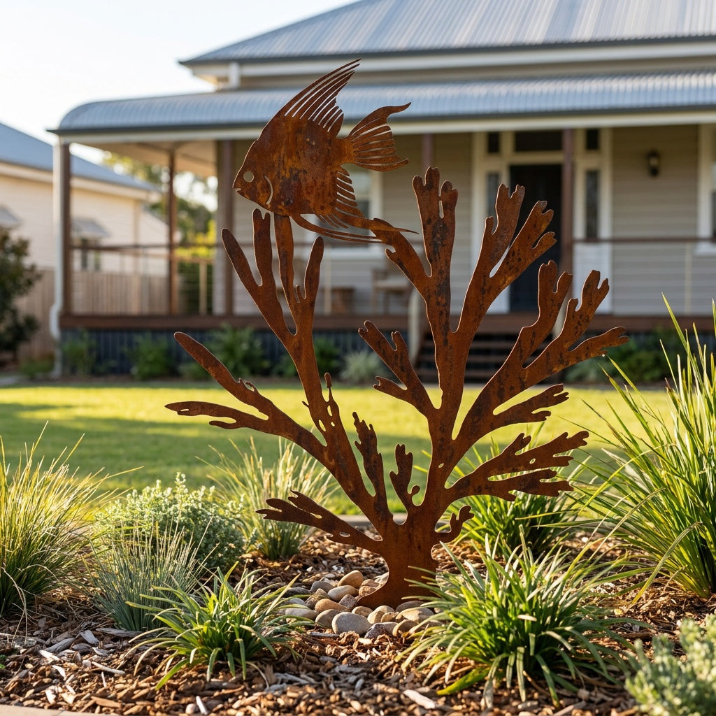 Angel Fish in Kelp Rusted Steel Garden Sculpture