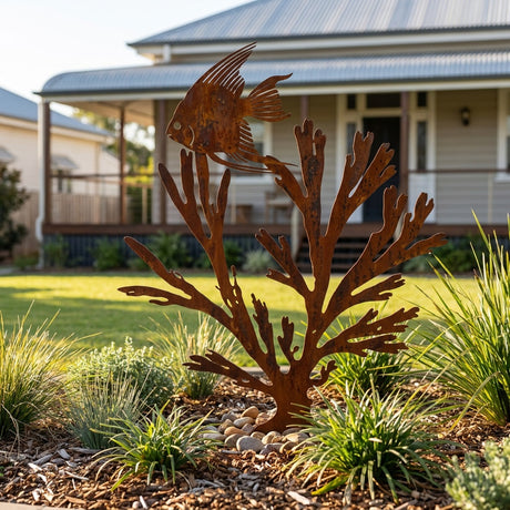 Angel Fish in Kelp Rusted Steel Garden Sculpture