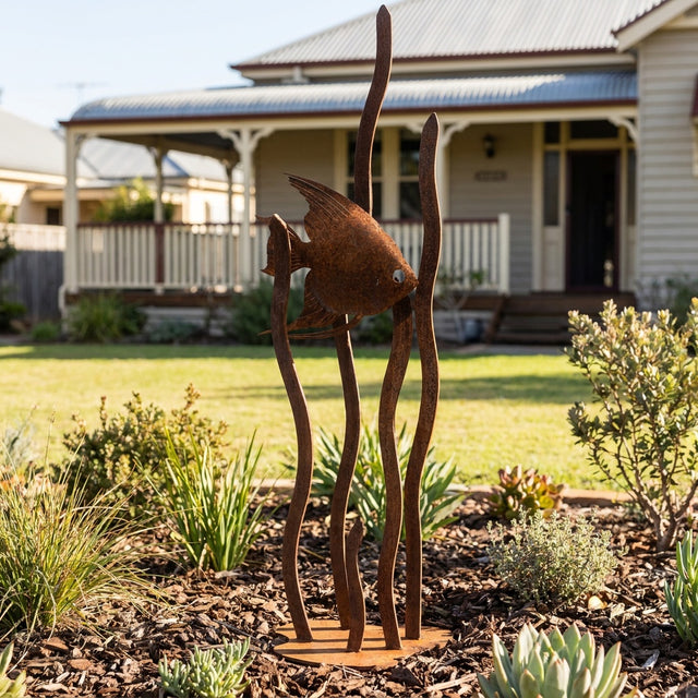 Angelfish in Seagrass Rusted Steel Garden Sculpture