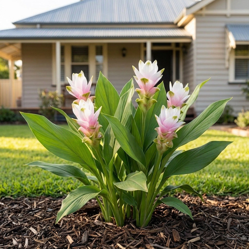 Anna Pauwlona Ornamental Ginger (Curcuma alismatifolia 'Anna Pauwlona') growing in a mulched garden bed in front of an Australian home
