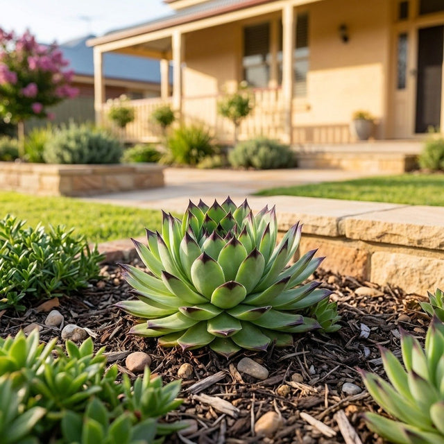 Appletini Succulent (Sempervivum 'Appletini') growing in a mulched garden bed in front of an Australian home