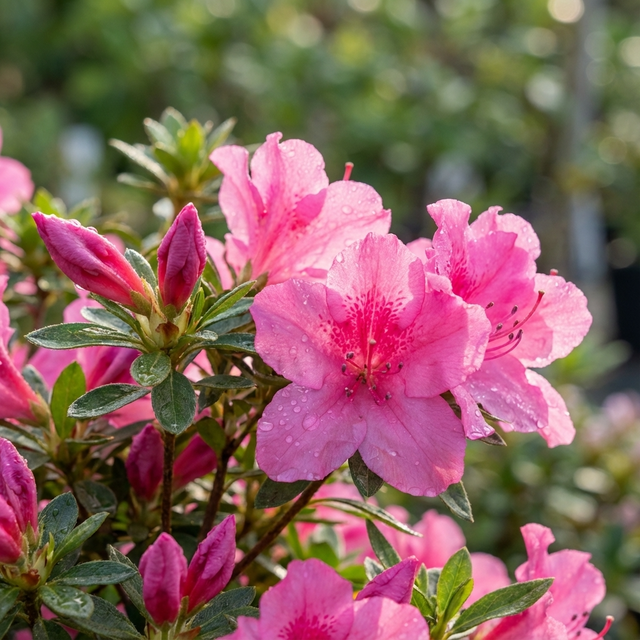 Pink blooms of the Autumn Carnivale Azalea (Azalea x hybrida 'Autumn Carnivale') glisten with dewdrops among green leaves, illustrating the vibrant charm and repeat flowering nature of this beautiful azalea.