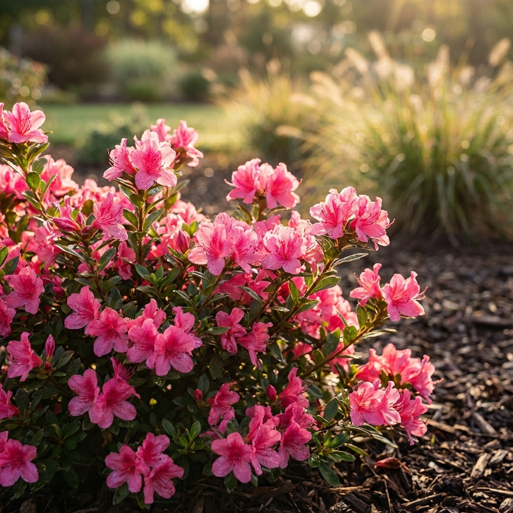 A sunlit Autumn Cheer Azalea - Azalea x hybrida 'Autumn Cheer', an evergreen shrub, shows off vivid pink blooms among grass and mulch in the garden.