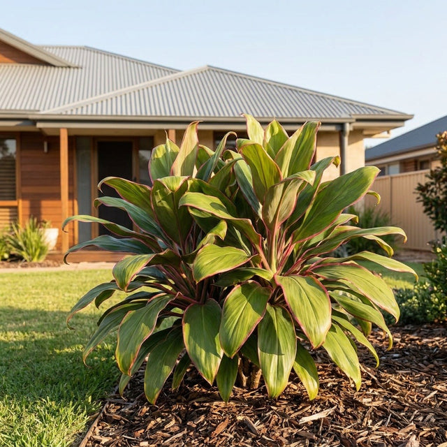 Baby Doll Cordyline (Cordyline fruticosa 'Baby Doll') growing in a mulched garden bed in front of an Australian home