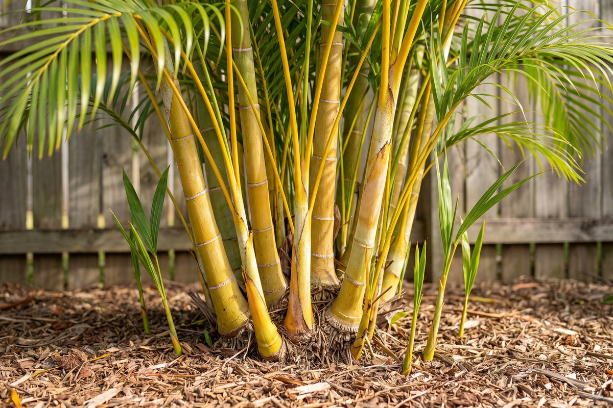 Base of a golden cane palm clump showing golden ringed canes and new shoots emerging