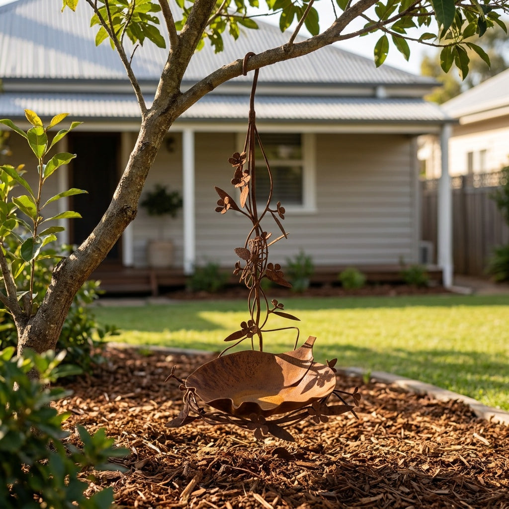 Bees and Flowers Rusted Steel Hanging Bird Bath