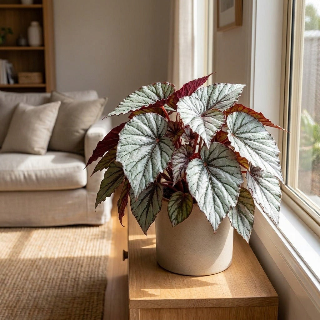 Beleaf Arctic Breeze Begonia (Begonia 'Beleaf Arctic Breeze') in a neutral ceramic pot on a timber sideboard by a sunlit window