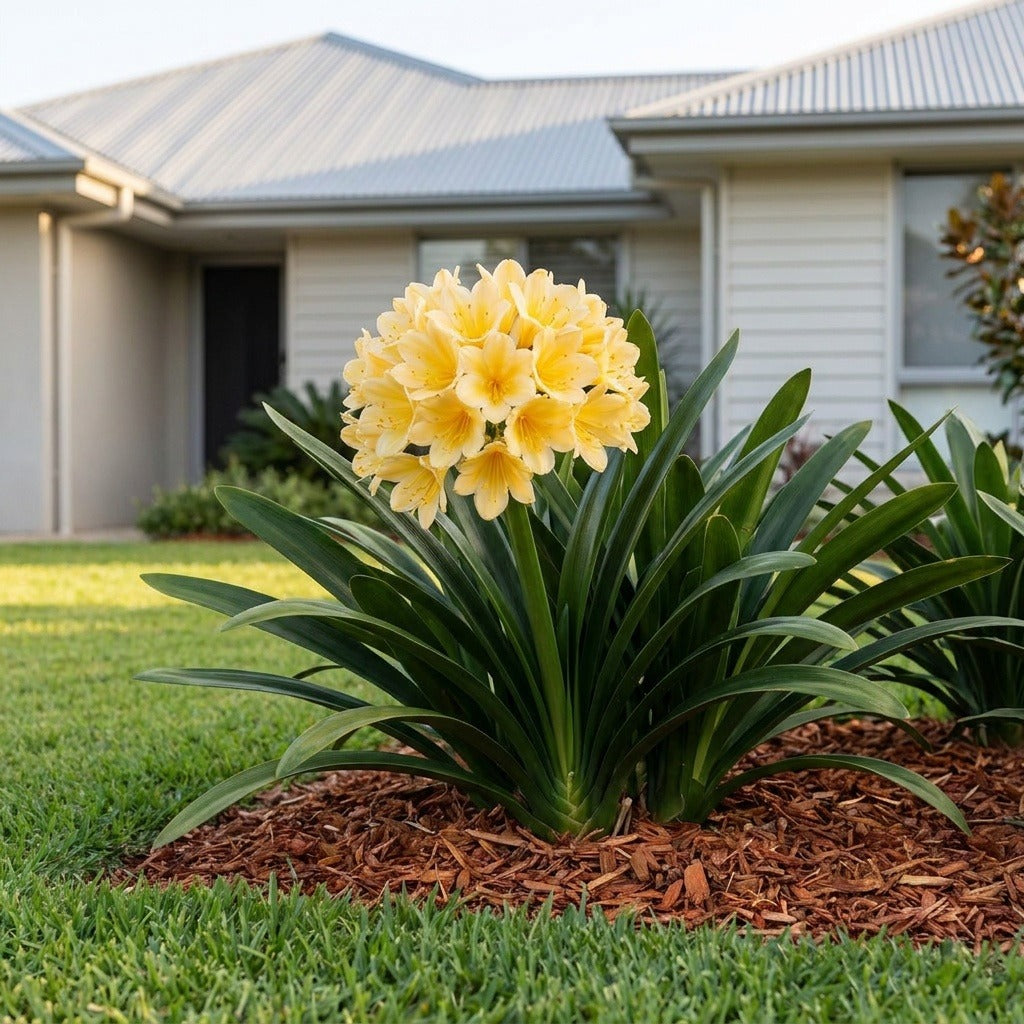 Belgian Hybrid Yellow Clivia (Clivia miniata 'Belgian Hybrid Yellow') growing in a mulched garden bed in front of an Australian home