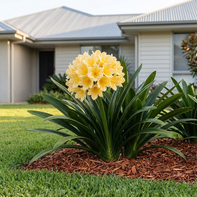 Belgian Hybrid Yellow Clivia (Clivia miniata 'Belgian Hybrid Yellow') growing in a mulched garden bed in front of an Australian home