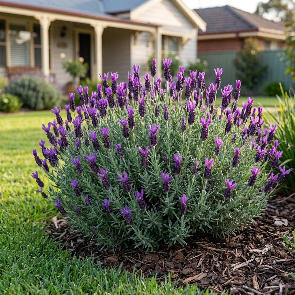 Big Night Italian Lavender (Lavandula stoechas 'Big Night') growing in a mulched garden bed in front of an Australian home