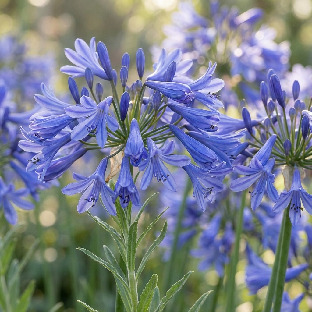Agapanthus ‘Bingo Blue’ (Agapanthus africanus) features vibrant deep-blue blooms set against lush green foliage. This low-maintenance perennial brings stunning color and elegance to any outdoor garden.