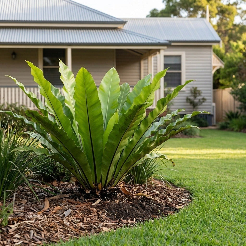 Bird's Nest Fern (Asplenium australasicum) growing in a mulched garden bed in front of an Australian home