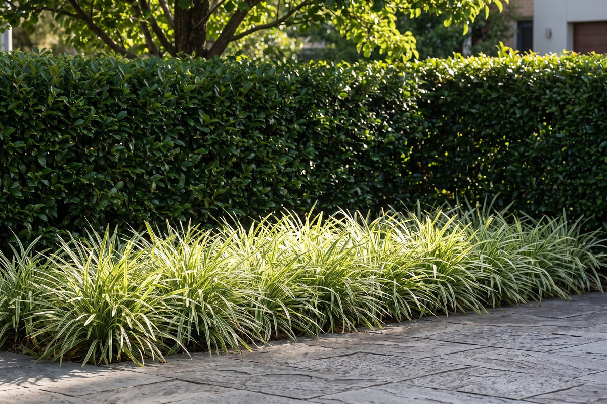 Block of white-striped liriope planted in front of a dark green clipped hedge in a shaded courtyard