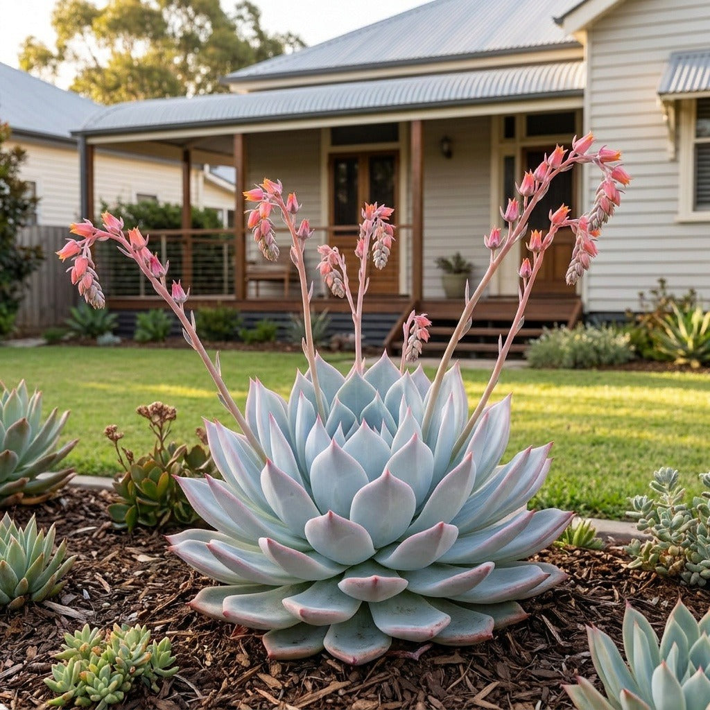 Blue Bird Succulent (Echeveria 'Blue Bird') growing in a mulched garden bed in front of an Australian home
