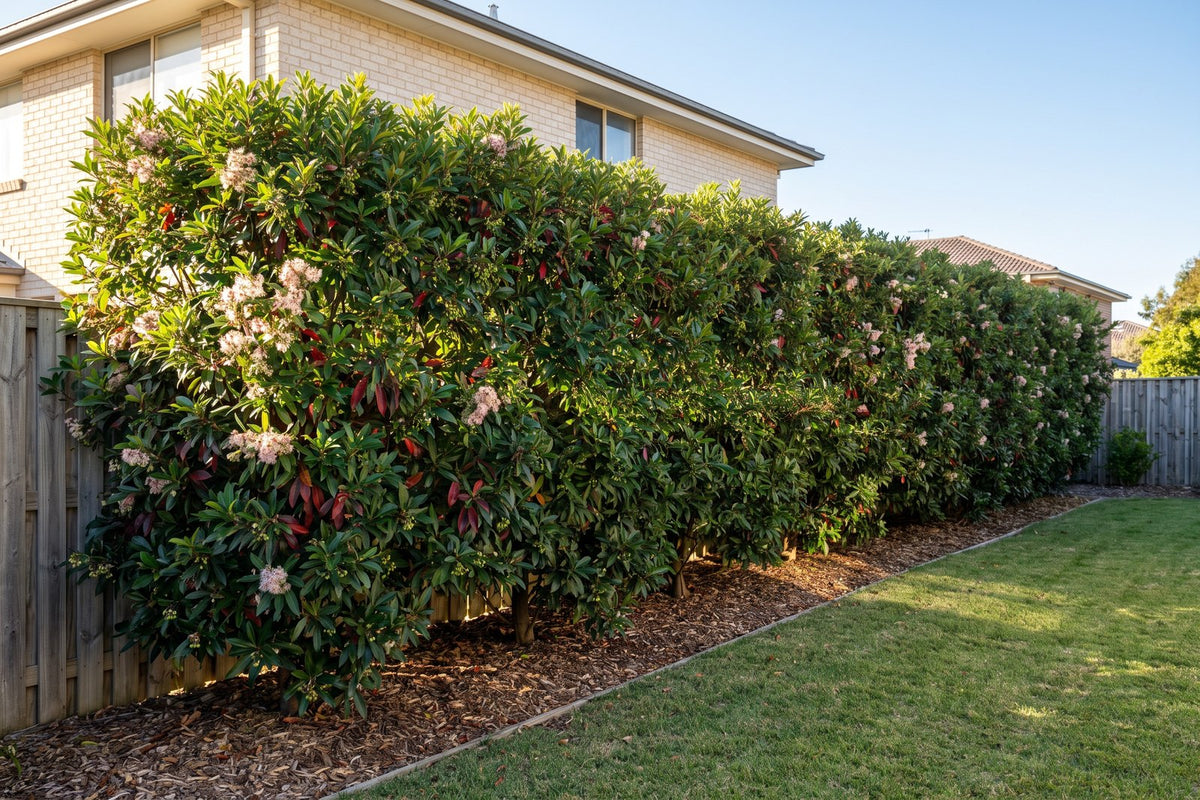 Blueberry ash trimmed as a tall hedge above a paling fence in a suburban garden