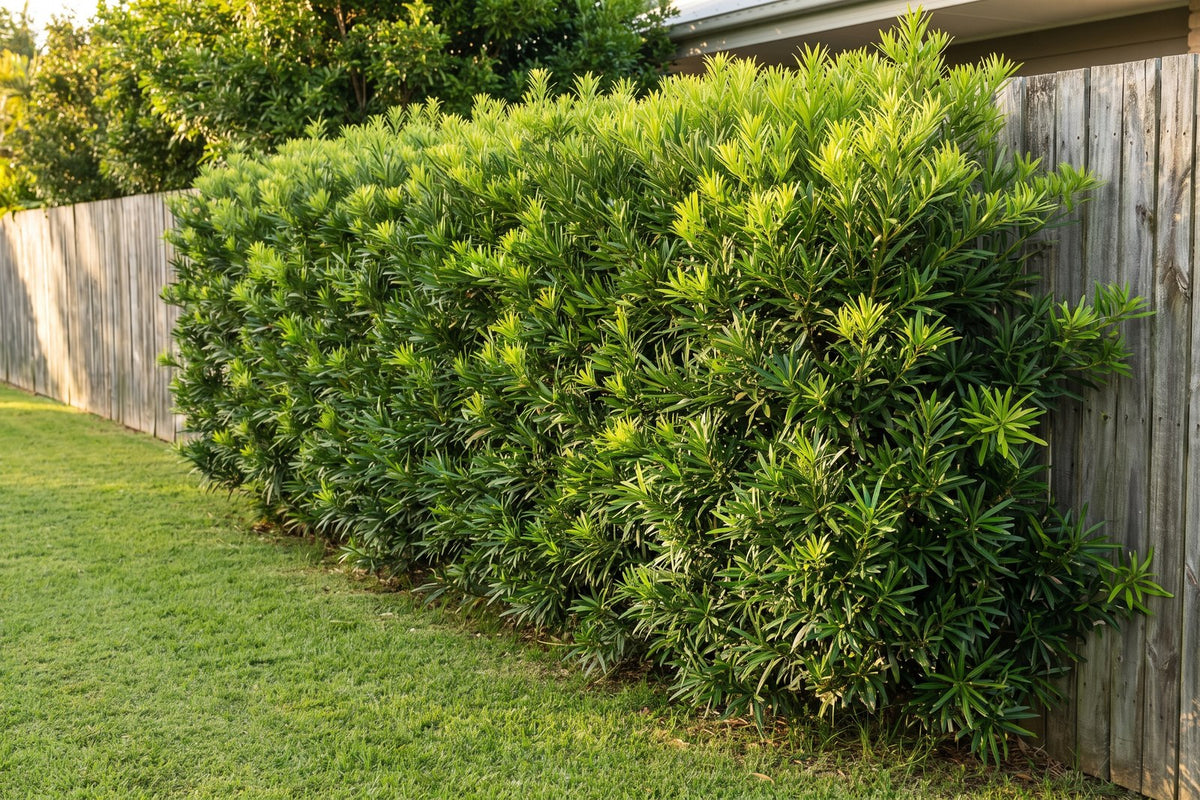 Brown pine, Podocarpus elatus, clipped as a tall hedge with strap-shaped leaves