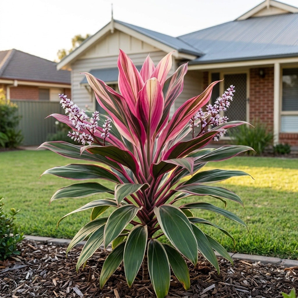 Burlesque Cordyline (Cordyline fruticosa 'Burlesque') growing in a mulched garden bed in front of an Australian home