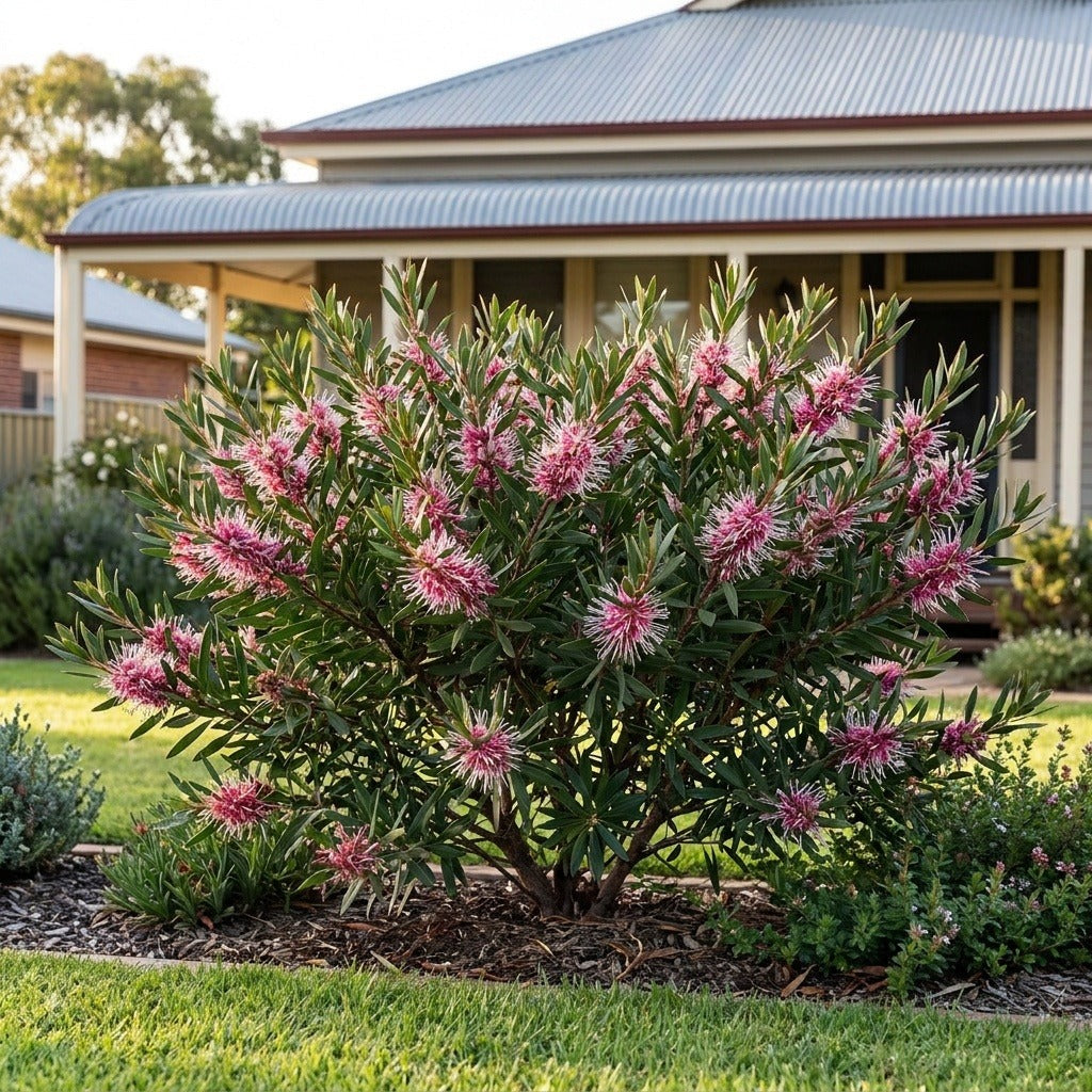 Burrendong Beauty Hakea (Hakea 'Burrendong Beauty') growing in a mulched garden bed in front of an Australian home
