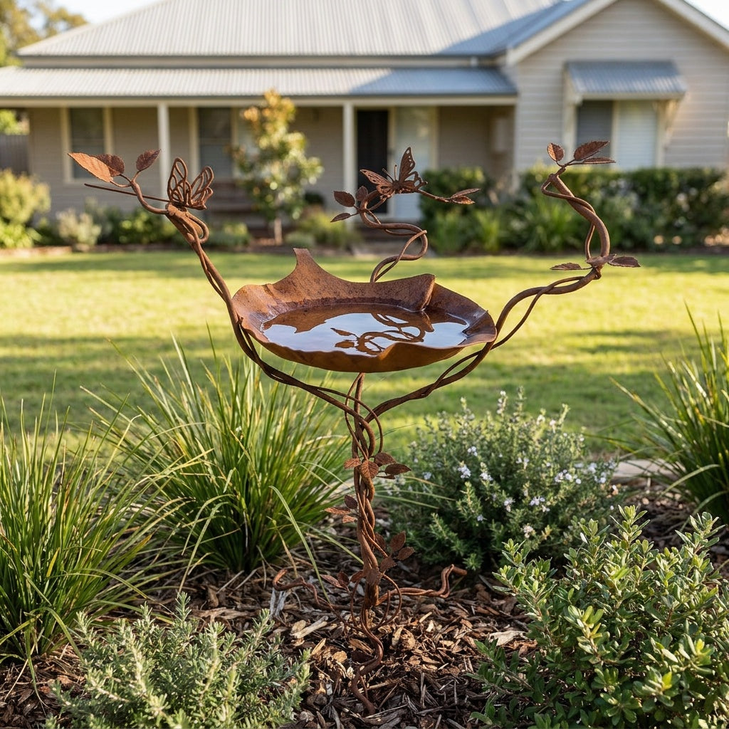 Butterfly and Dragonfly Rusted Steel Bird Bath