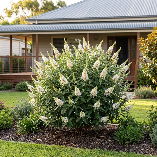 Butterfly Candy Little White Buddleia (Buddleja davidii 'Butterfly Candy Little White') growing in a mulched garden bed in front of an Australian home