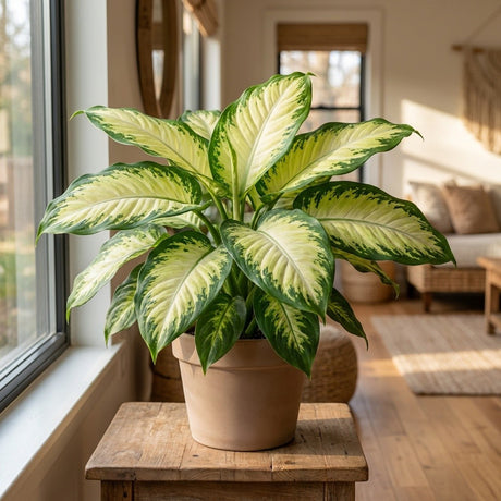 Dieffenbachia Camille with creamy leaves edged in green in a pot indoors