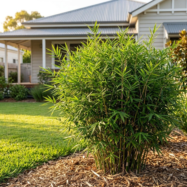 Ceylona Baby Panda Bamboo (Pogonatherum paniceum 'Ceylona') growing in a mulched garden bed in front of an Australian home