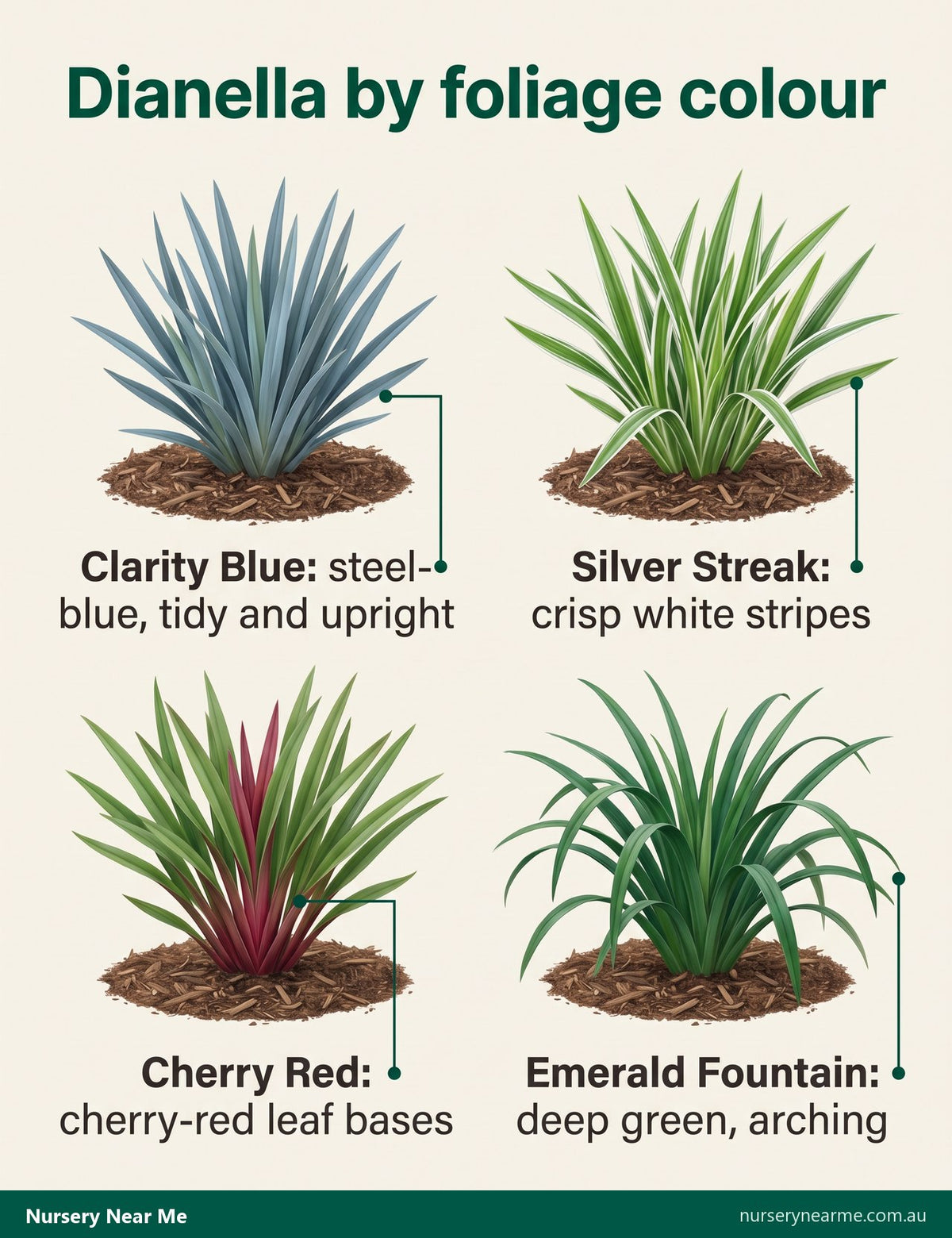 Chart of four dianella cultivars by leaf colour: Clarity Blue, Silver Streak, Cherry Red, Emerald Fountain