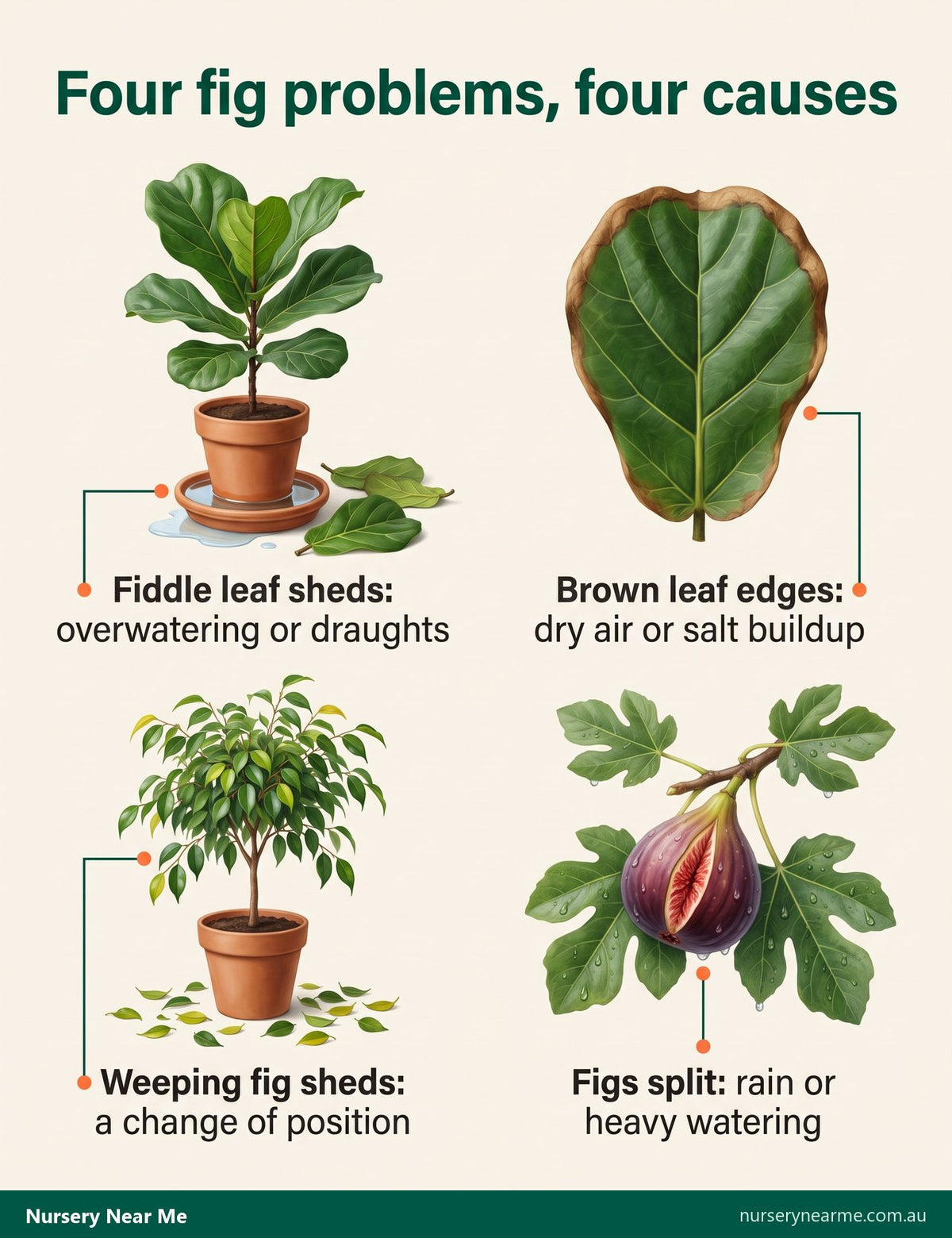 Chart of four fig problems: fiddle leaf leaf drop, brown leaf edges, weeping fig leaf drop and split fruit